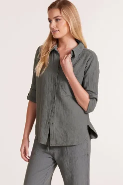 Tops*bobi Los Angeles ROLL SLEEVE BUTTON FRONT SHIRT DK SAGE