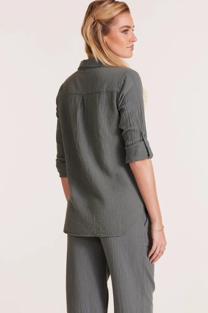 Tops*bobi Los Angeles ROLL SLEEVE BUTTON FRONT SHIRT DK SAGE