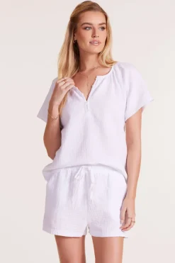 Tops*bobi Los Angeles SHIRRED HENLEY BLOUSE WHITE