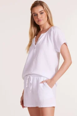 Tops*bobi Los Angeles SHIRRED HENLEY BLOUSE WHITE