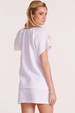 Tops*bobi Los Angeles SHIRRED HENLEY BLOUSE WHITE