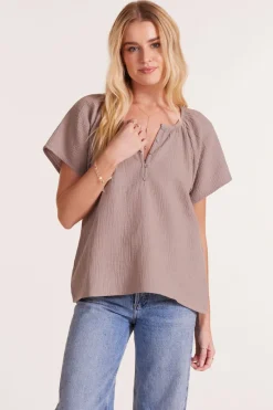 Tops*bobi Los Angeles SHIRRED HENLEY BLOUSE MUSHROOM