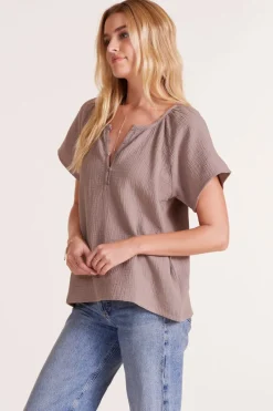 Tops*bobi Los Angeles SHIRRED HENLEY BLOUSE MUSHROOM