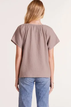 Tops*bobi Los Angeles SHIRRED HENLEY BLOUSE MUSHROOM