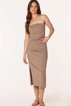 Bottoms*bobi Los Angeles SHIRRED MIDI SKIRT WITH SLITS HAZELNUT