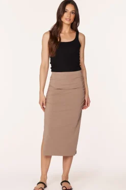 Bottoms*bobi Los Angeles SHIRRED MIDI SKIRT WITH SLITS HAZELNUT