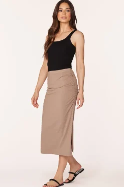 Bottoms*bobi Los Angeles SHIRRED MIDI SKIRT WITH SLITS HAZELNUT