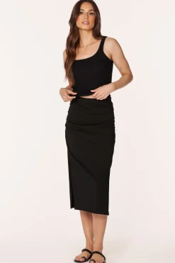 Bottoms*bobi Los Angeles SHIRRED MIDI SKIRT WITH SLITS BLACK