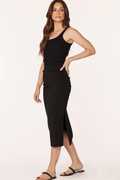 Bottoms*bobi Los Angeles SHIRRED MIDI SKIRT WITH SLITS BLACK