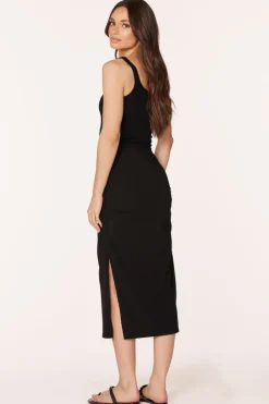 Bottoms*bobi Los Angeles SHIRRED MIDI SKIRT WITH SLITS BLACK
