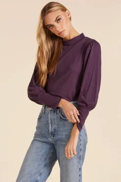 Tops*bobi Los Angeles SHIRRED SLEEVE MOCKNECK TOP RAISIN