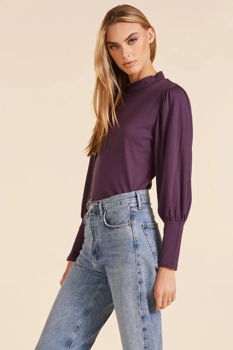 Tops*bobi Los Angeles SHIRRED SLEEVE MOCKNECK TOP RAISIN