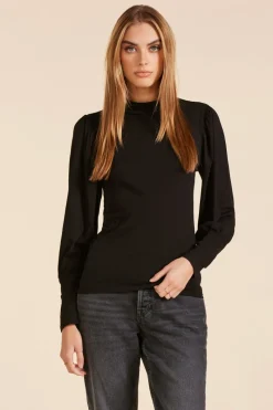 Tops*bobi Los Angeles SHIRRED SLEEVE MOCKNECK TOP BLACK