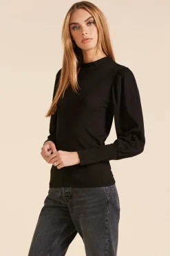 Tops*bobi Los Angeles SHIRRED SLEEVE MOCKNECK TOP BLACK