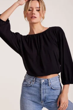 Tops*bobi Los Angeles SHIRRED 3/4 SLEEVE TEE BLACK