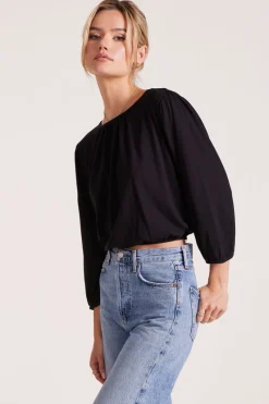 Tops*bobi Los Angeles SHIRRED 3/4 SLEEVE TEE BLACK