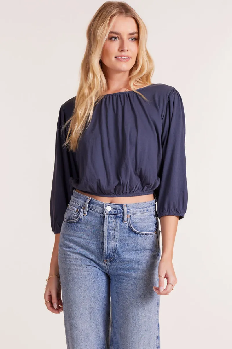Tops*bobi Los Angeles SHIRRED 3/4 SLEEVE TEE GRANITE
