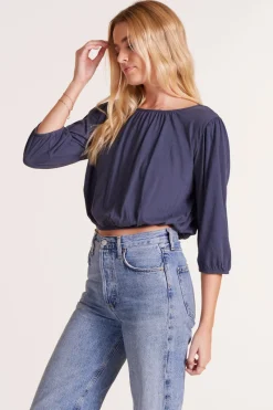 Tops*bobi Los Angeles SHIRRED 3/4 SLEEVE TEE GRANITE