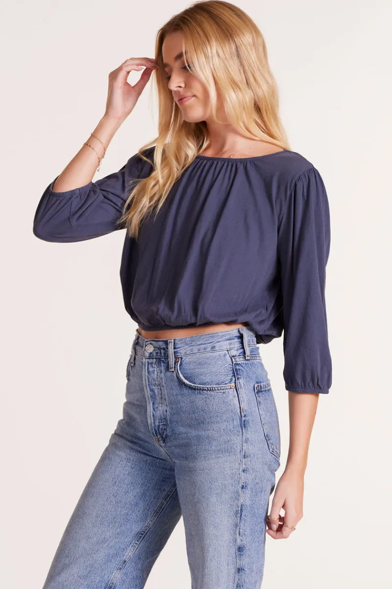 Tops*bobi Los Angeles SHIRRED 3/4 SLEEVE TEE GRANITE