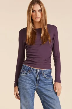 Tops*bobi Los Angeles SIDE SHIRRED CREWNECK TEE RAISIN
