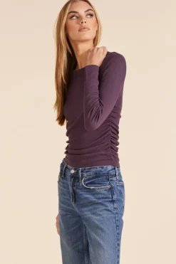 Tops*bobi Los Angeles SIDE SHIRRED CREWNECK TEE RAISIN