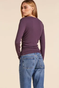 Tops*bobi Los Angeles SIDE SHIRRED CREWNECK TEE RAISIN