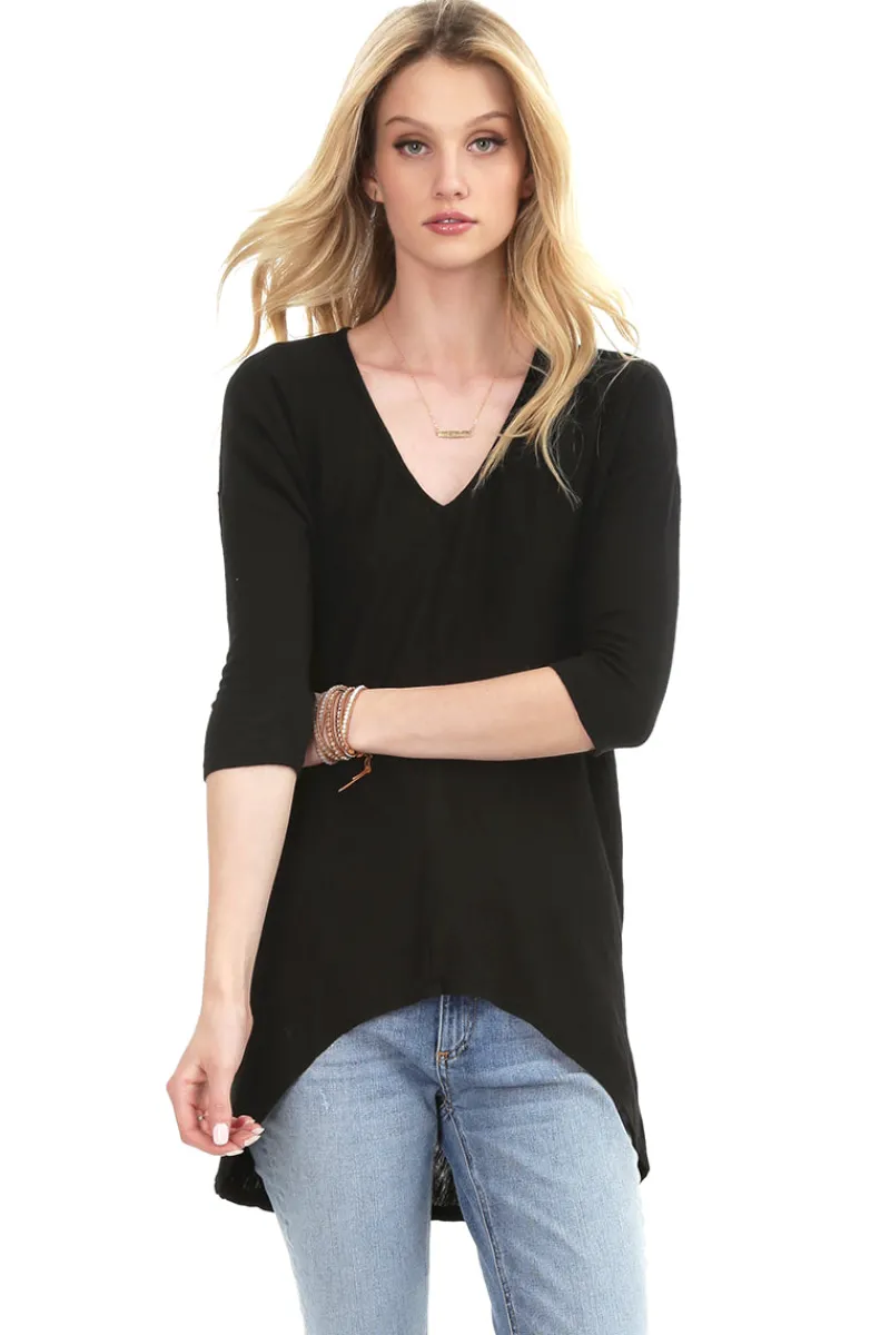 Tops*bobi Los Angeles 3/4 Sleeve High Low Tunic BLACK