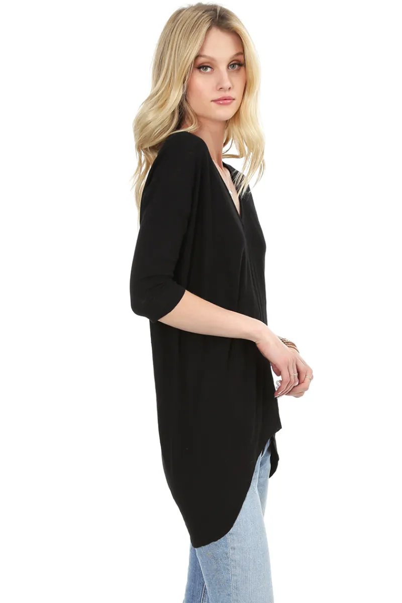 Tops*bobi Los Angeles 3/4 Sleeve High Low Tunic BLACK