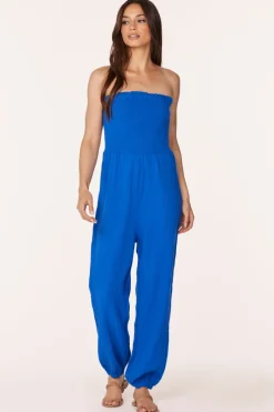 Jumpsuits*bobi Los Angeles SMOCKED TUBE TOP JUMPSUIT CERULEAN