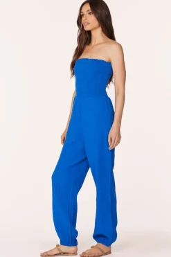 Jumpsuits*bobi Los Angeles SMOCKED TUBE TOP JUMPSUIT CERULEAN