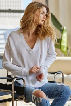 Tops*bobi Los Angeles V-NECK BOYFRIEND LONG SLEEVE TOP WHITE